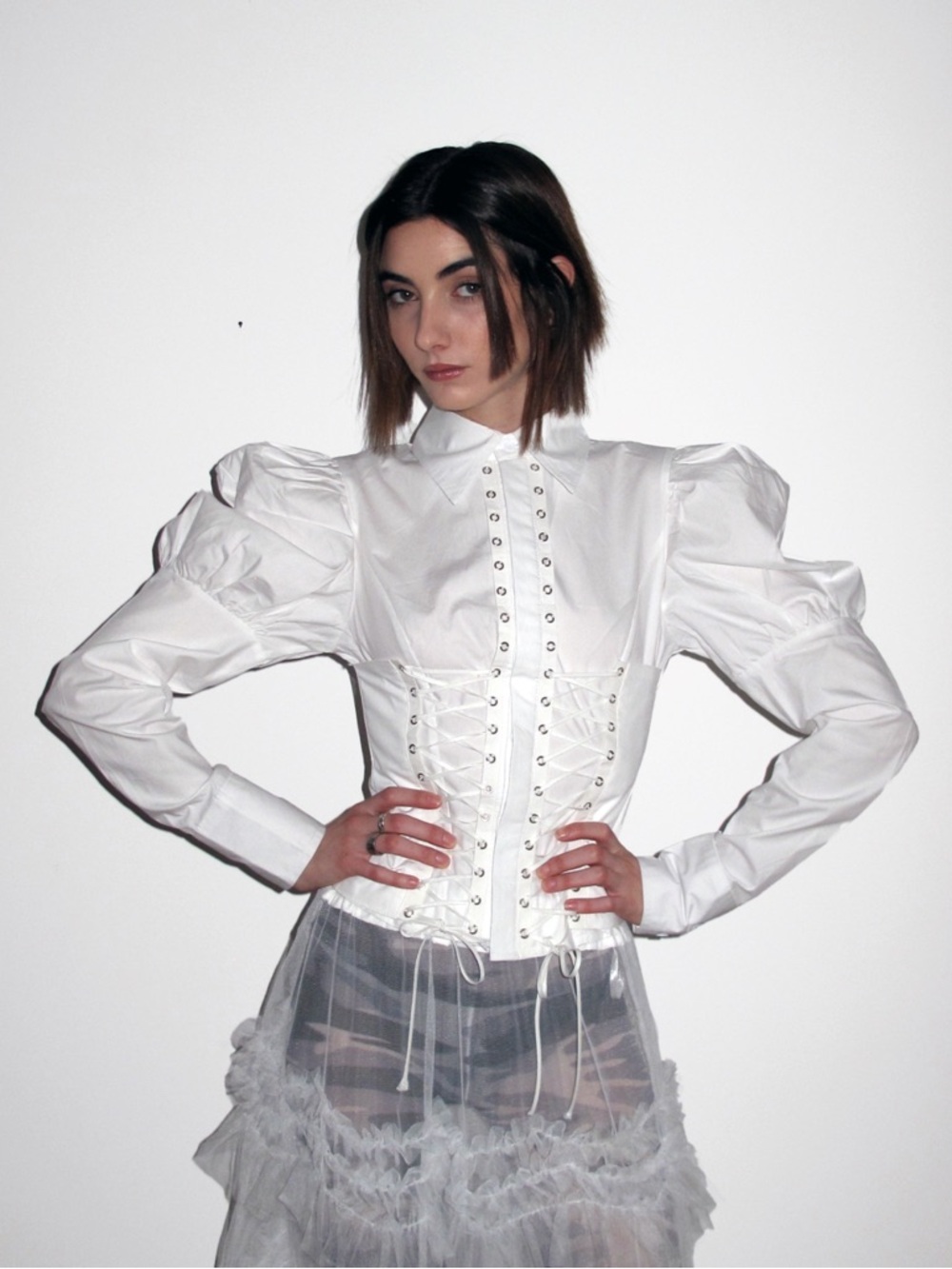 White Puff-Sleeve Corset-Front Blouse